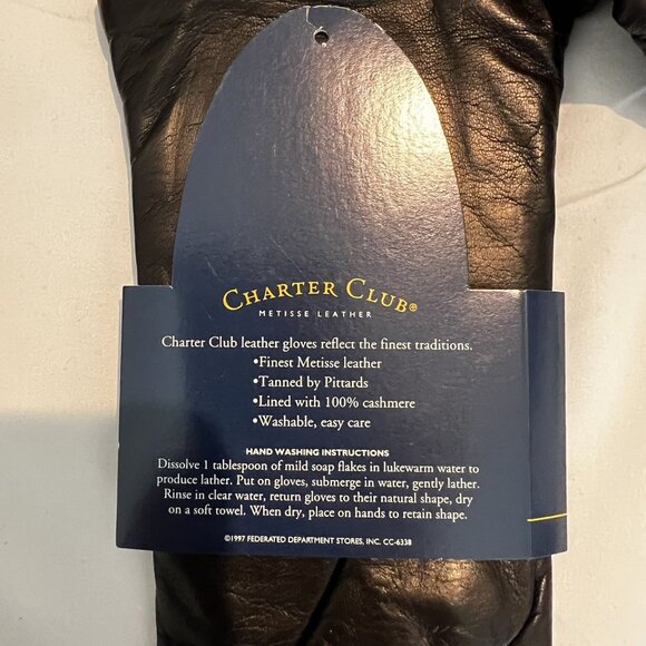NWT Charter Club Womens Leather Gloves 7 1/2 blk Cashmere Lined Water Resistant - Picture 2 of 4